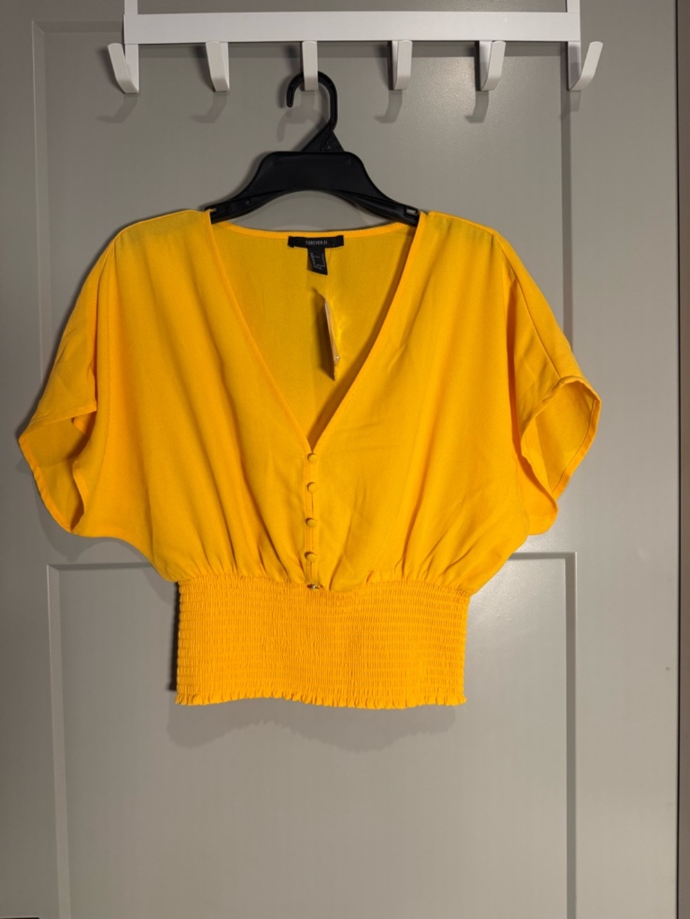 Forever 21 Yellow Smocked Waist Crop Blouse Button Front Short Sleeve NWT Small